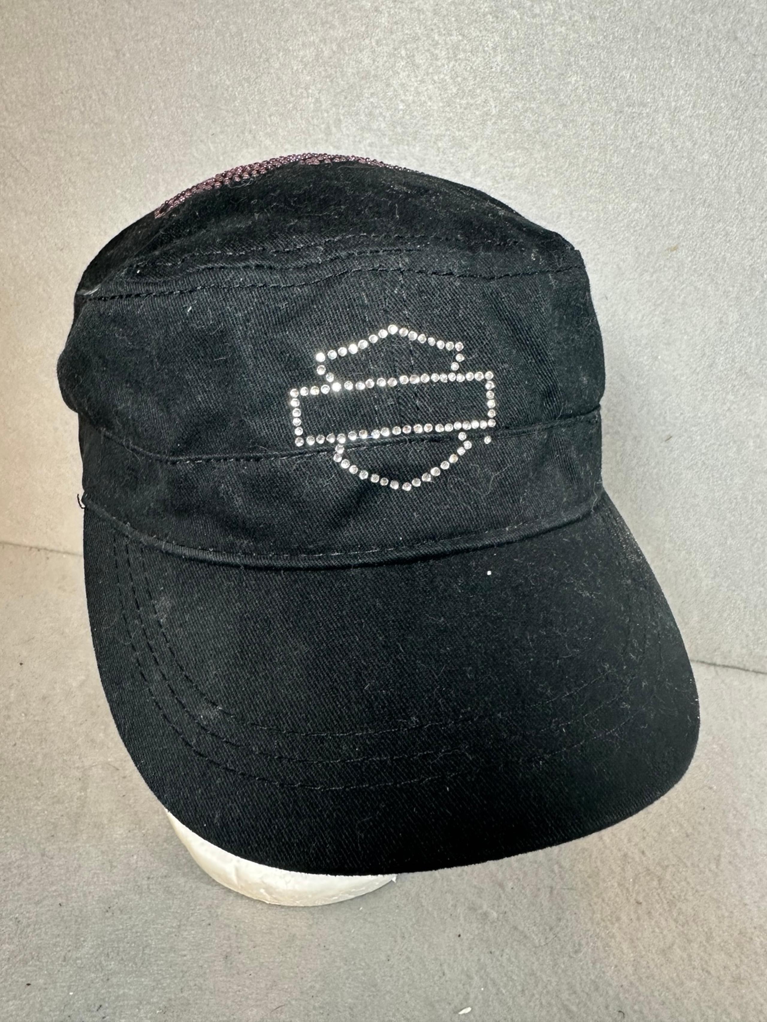 HARLEY-DAVIDSON Motorcycles Womens Black Rhinestone Logo Pageboy Hat Adjustable