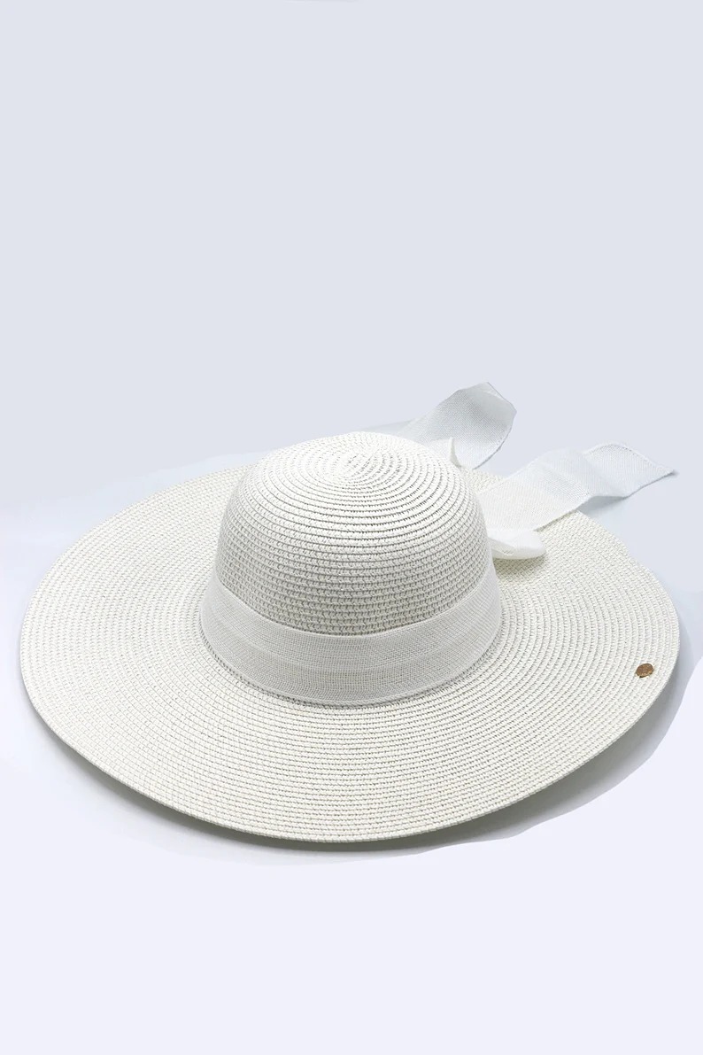 White Romantic Vintage Style Wide Brim Straw Hat, Holiday Hat, Women Summer Hat