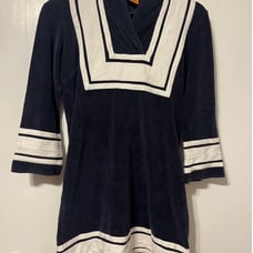Tory Burch Cotton Navy Blue and White Nautical Swim Cover Hood Dress Size Small