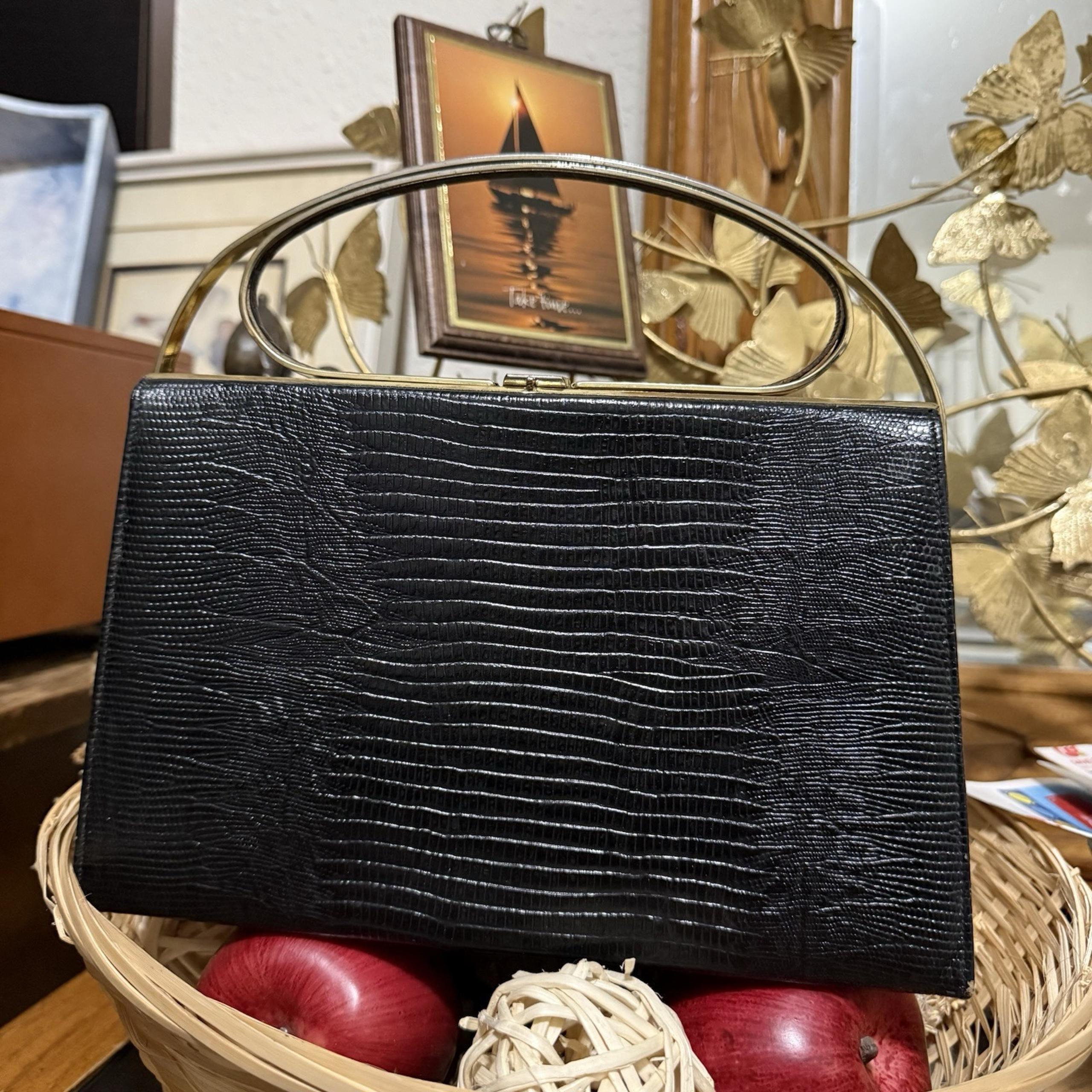 Vintage Triangle New York Black Reptile-Embossed Leather Latch Frame Handbag