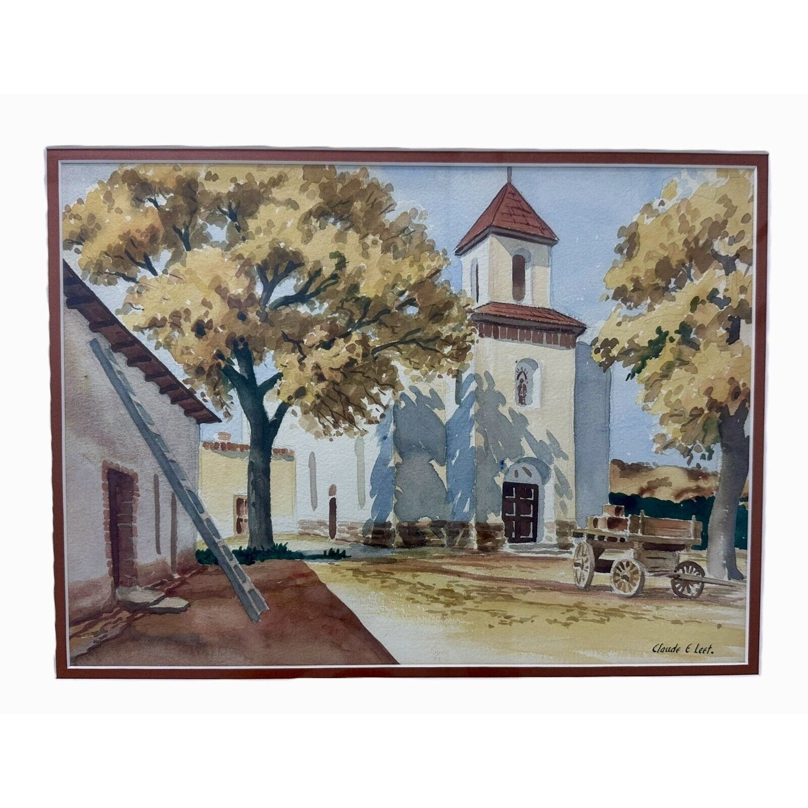 Original South American Watercolor Painting Landscape Church Signed Claude Leet