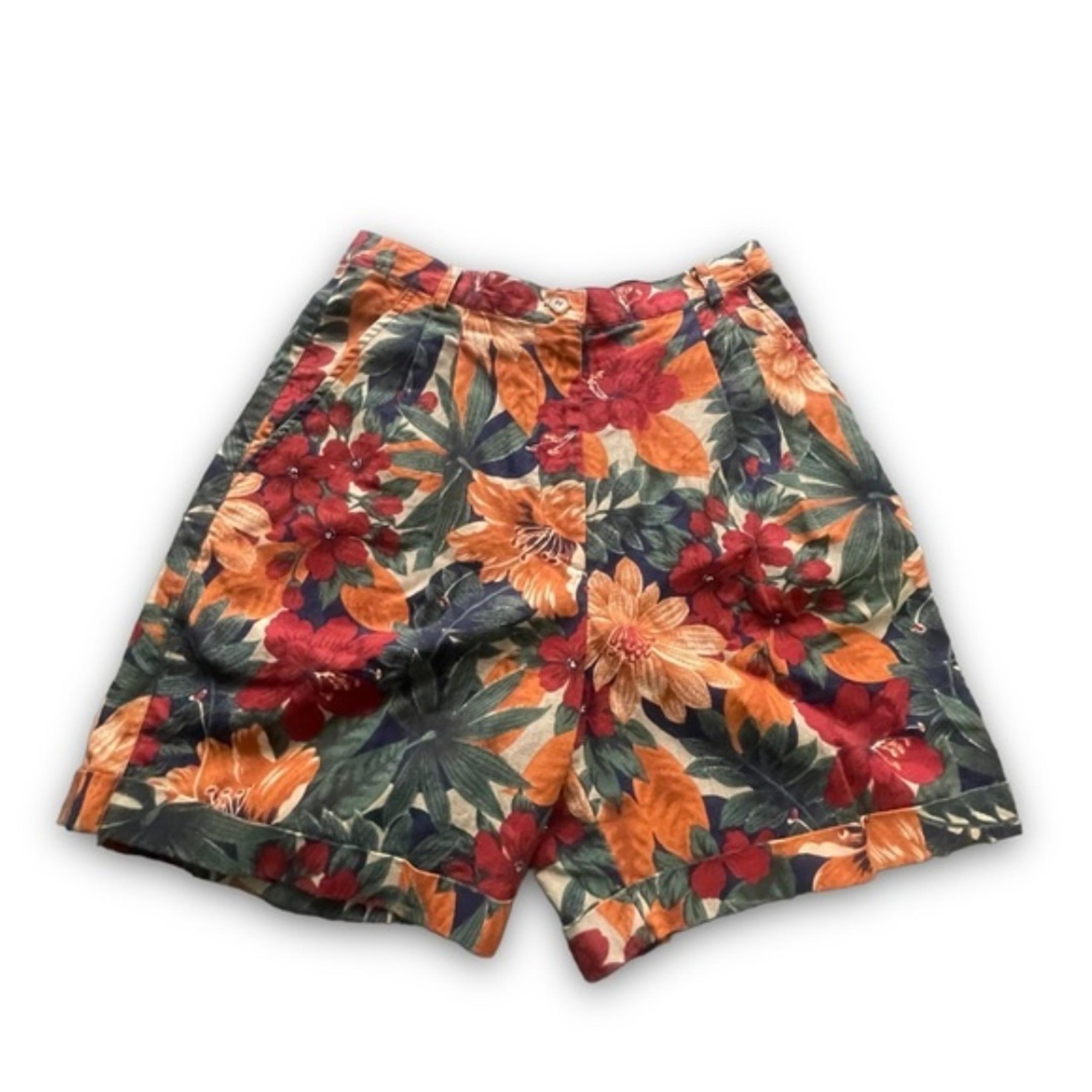 Vtg 90s Rafaella Green/Gold Tropical Floral High-rise Linen Blend Shorts Sz 10P