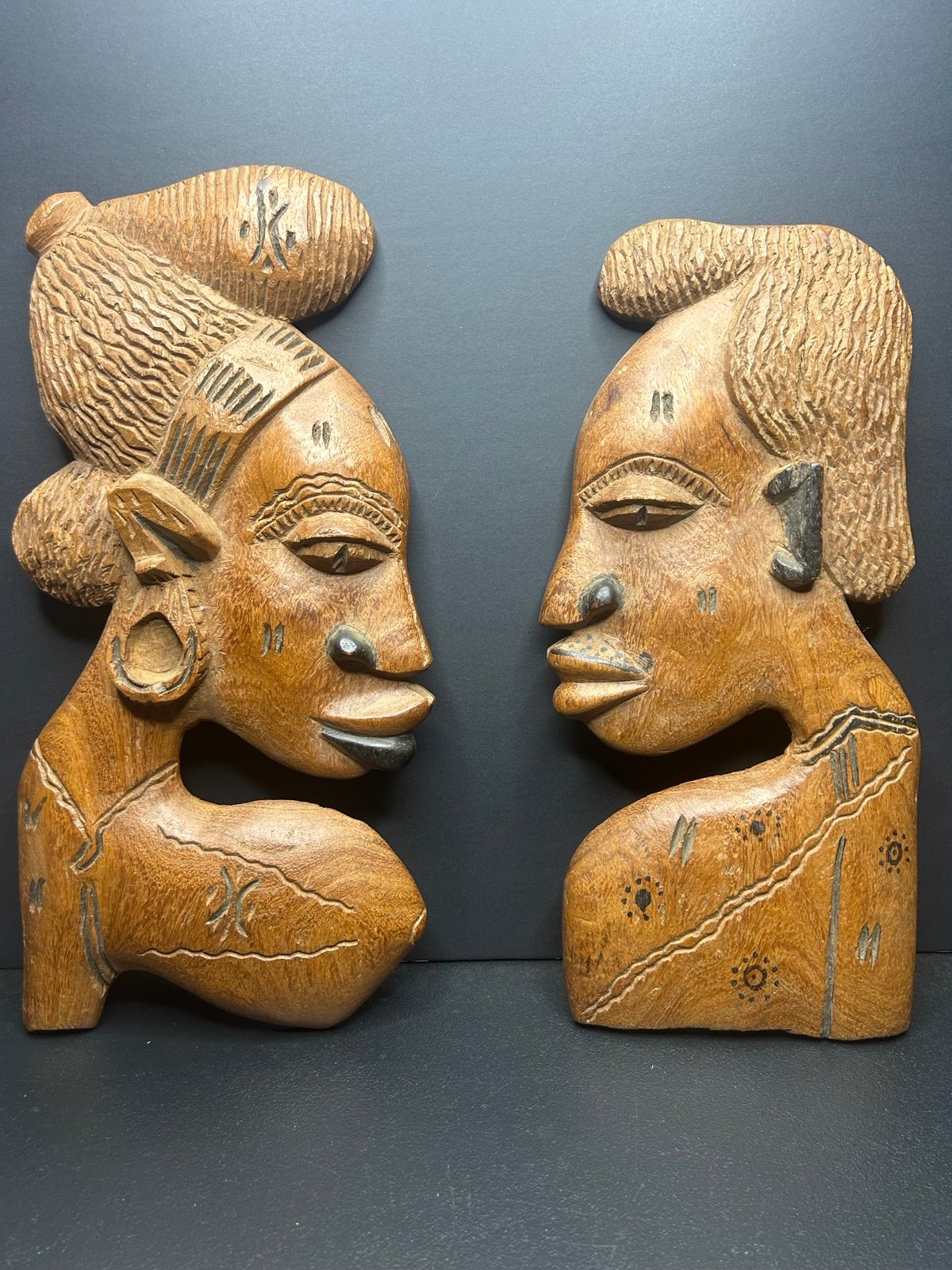 African Tribal wood carvings - man & woman wall decor  Approx 18 tall x 8.5 wi