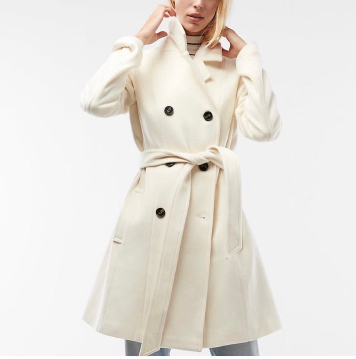 Express ivory wool peacoat / belted jacket.