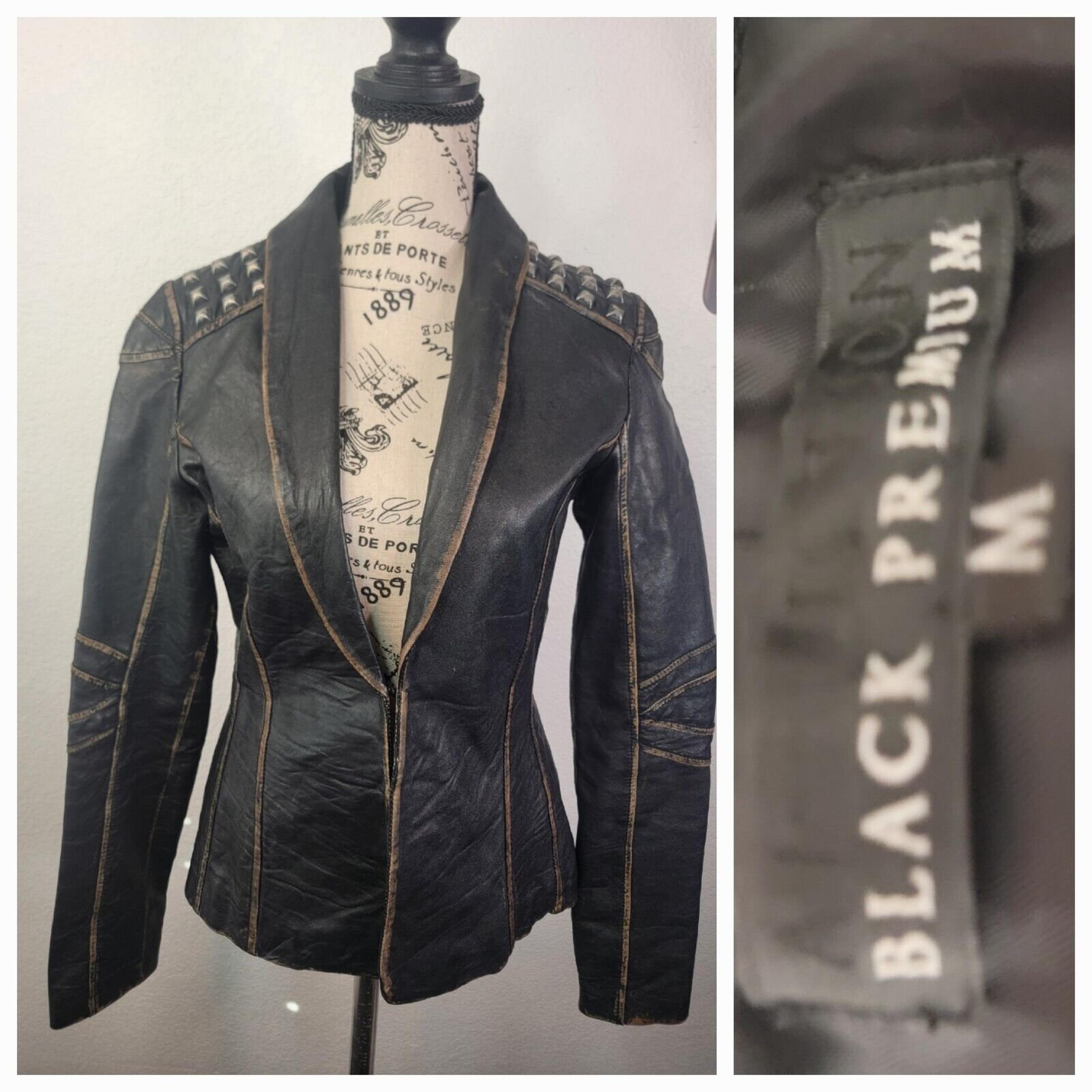 AFFLICTION Black Premium Leather Jacket Womens Medium Studded Distressed Blazer