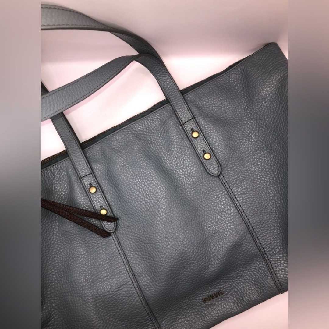 Fossil Jenna Denim Blue Brown Pebbled Leather Tote Shoulder Bag