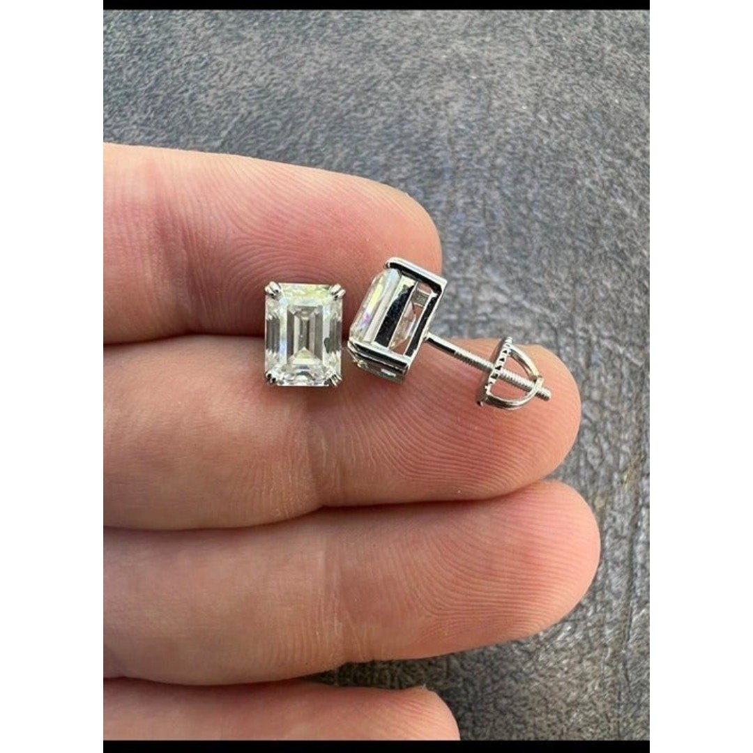 4ct Moissanite Studs Emerald Cut Earrings 925 Sterling Silver GRA Certificate