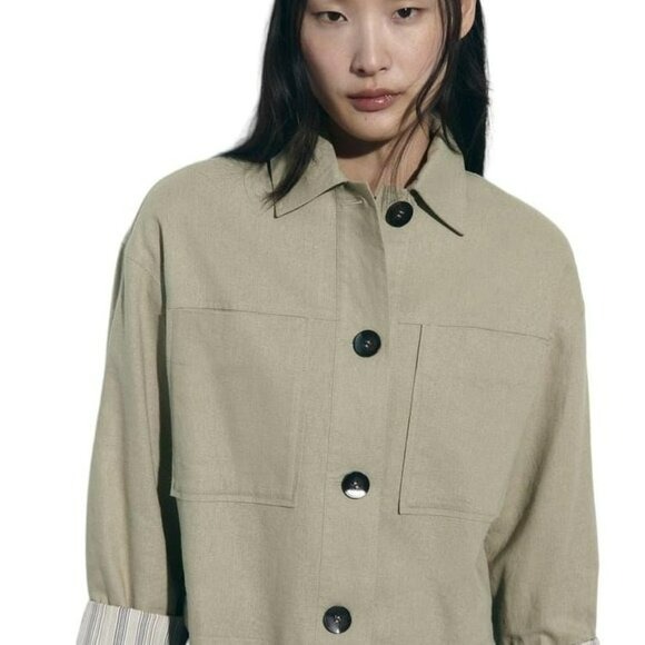ZARA LINEN BLEND CROP JACKET LIGHT KHAKI SIZE S | 3046/080