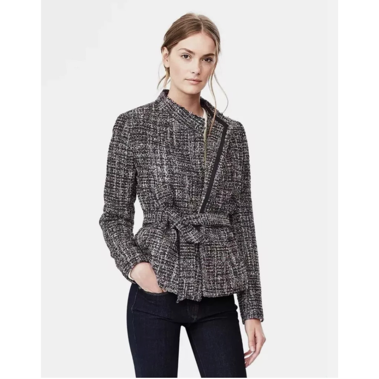 BANANA REPUBLIC Black Tweed Collared Tie Waist Blazer Jacket // S