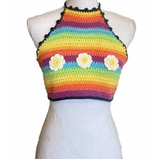 Hand Crafted Rainbow Flower Festival Crochet Halter Crop Top Size Medium