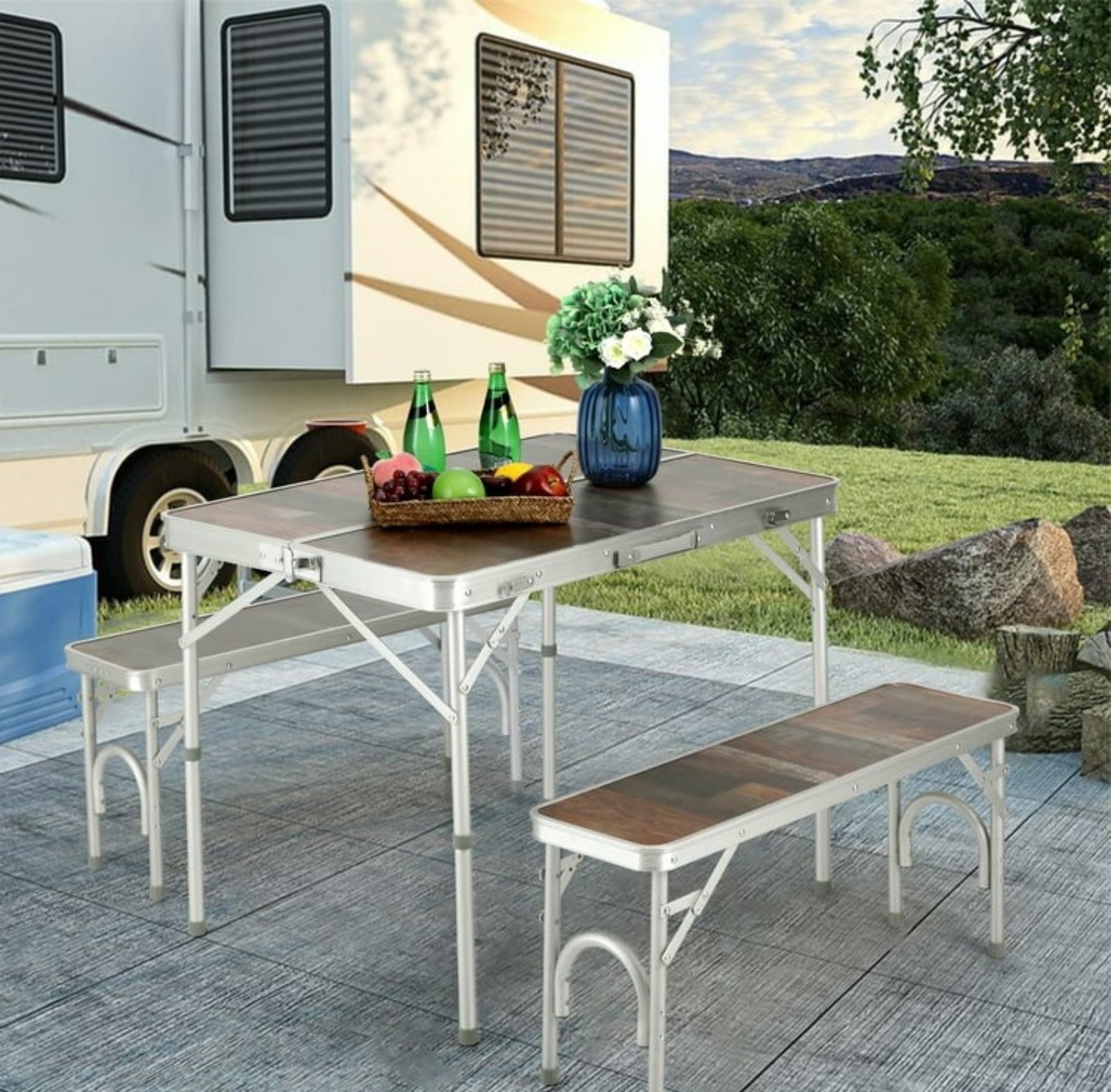 3PCS Camping Table Sets with 2PCS Aluminum Bench Set and 1PC 4ft Folding Camping
