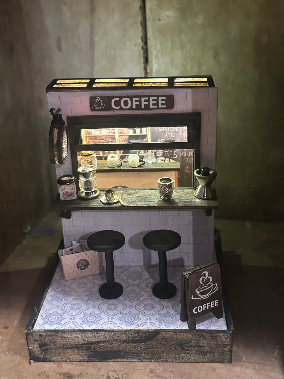Miniature Coffee Bar, Coffee Lover Gift, Book Nook, Tiny Coffee Shop Lights Up