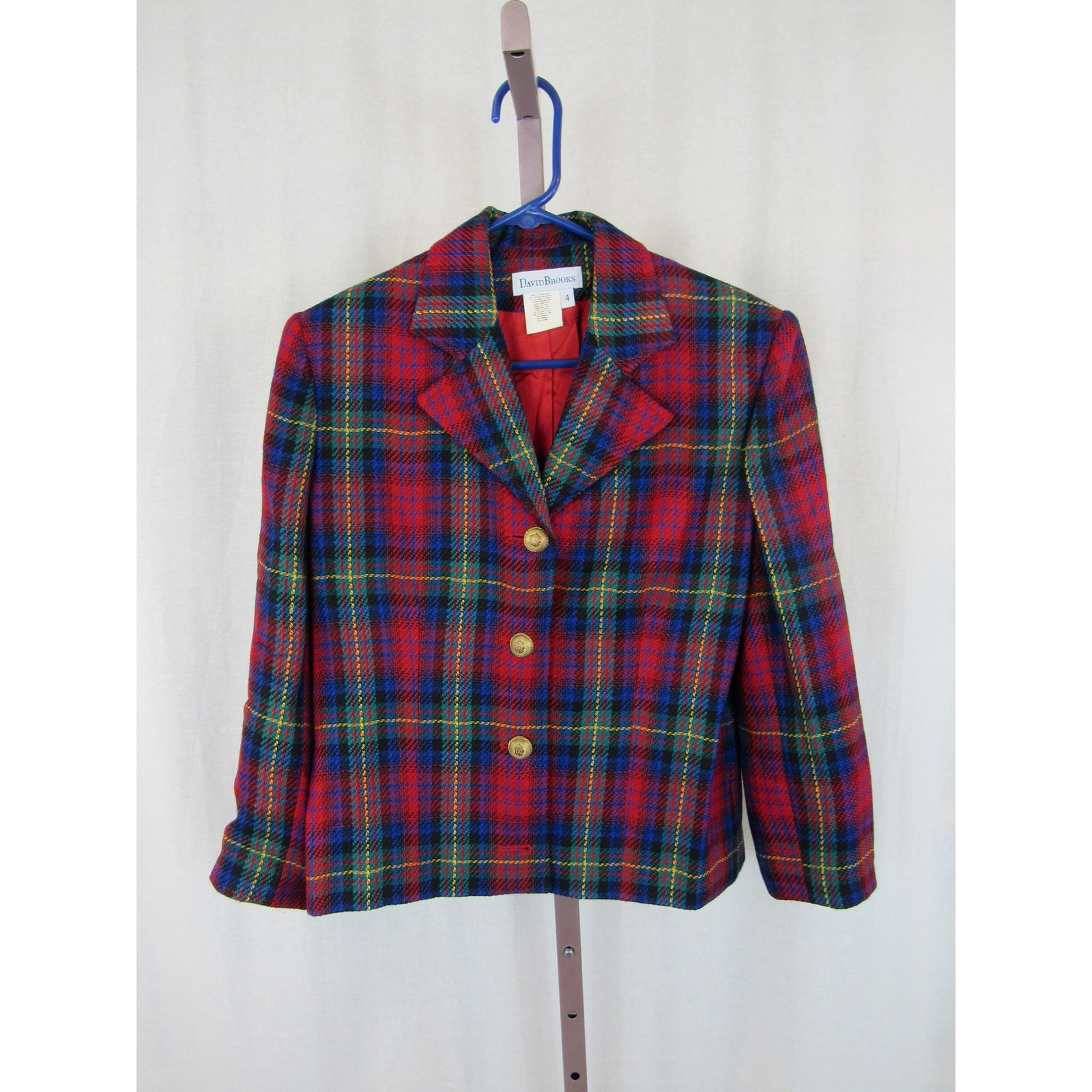 David Brooks Size 4 Plaid Button Up Blazer Jacket Red Blue Vintage Wool Blend