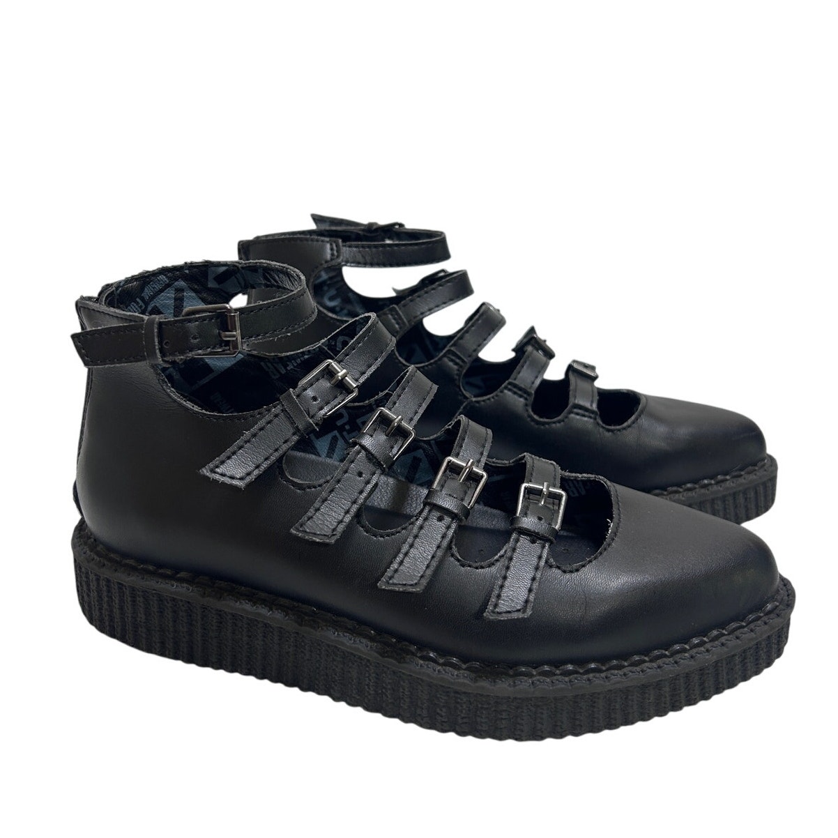 T.U.K. Multi Strap Pointed Toe Mary Jane Creeper Shoes 7/38 Blk TUKskin Goth Emo