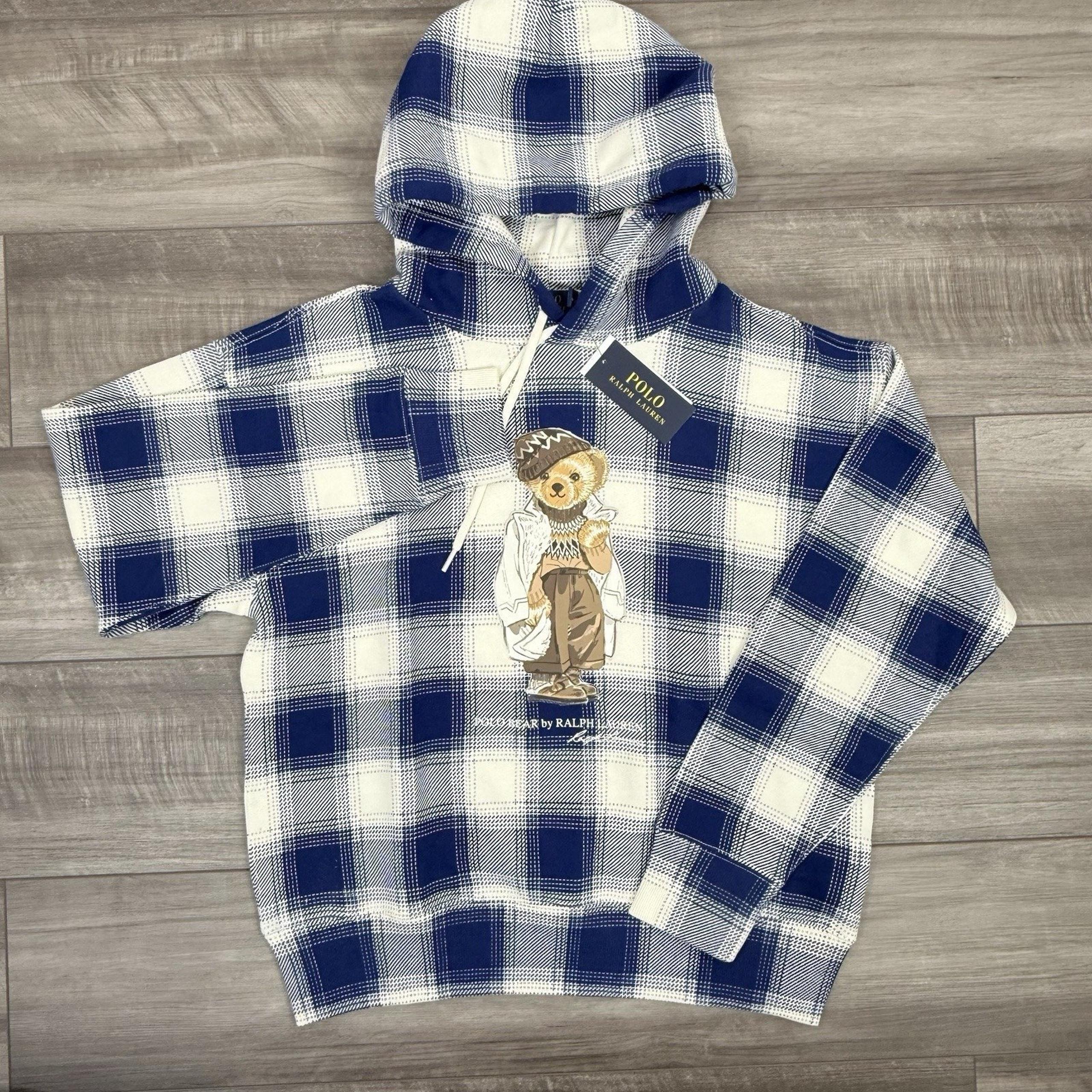 Polo Ralph Lauren Women's Polo Bear Fleece Hoodie Blue Plaid Size Large NWT $228