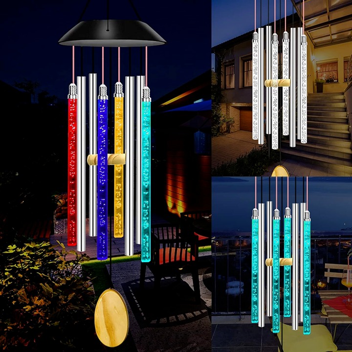 CLAONER Solar Wind Chimes Colorful LED Light Outdoor Garden Hanging Bell Tubes