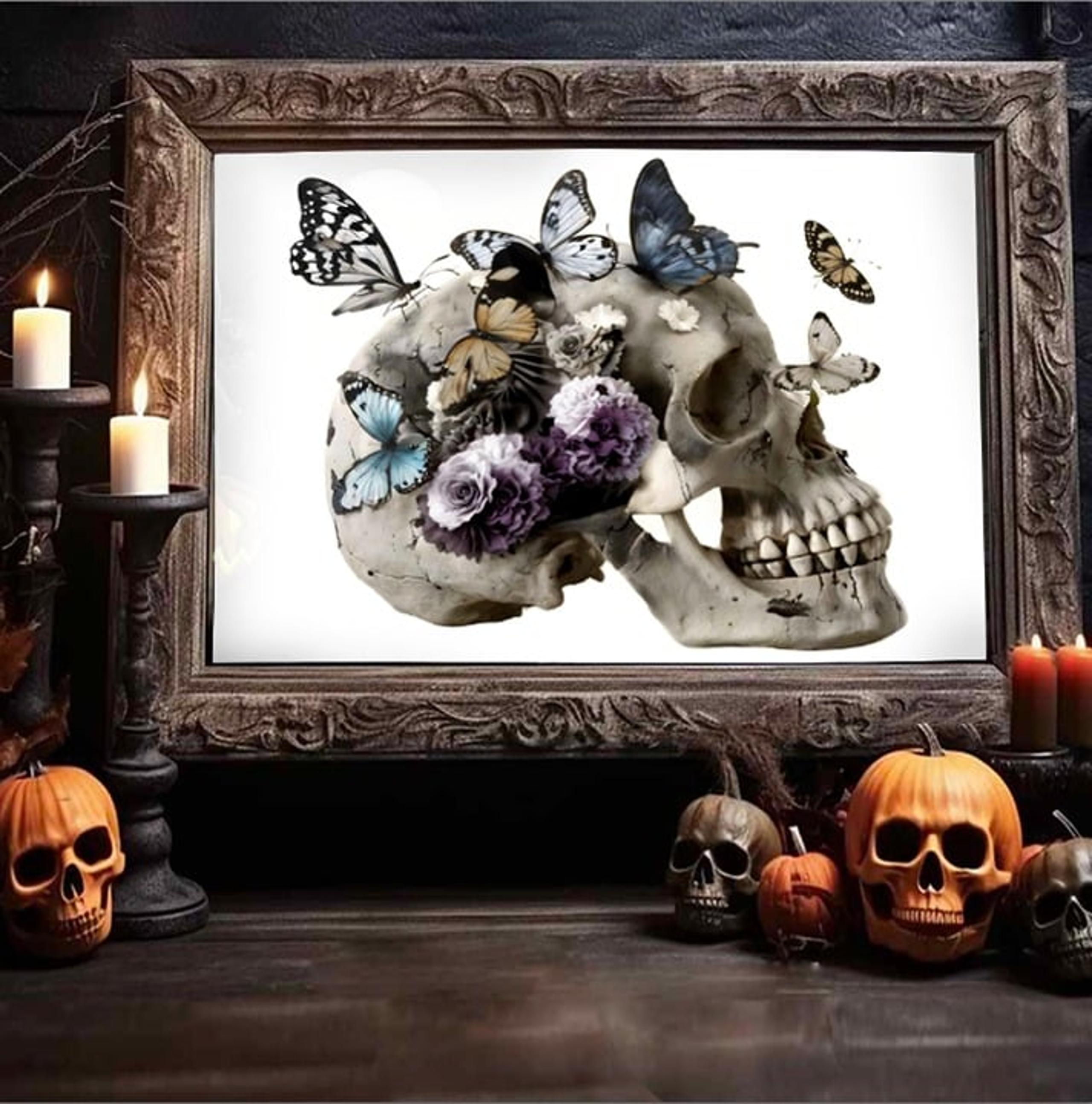 Skull and Butterfly, Halloween Decor, Unframed 8x10 Premium Matte Art Print