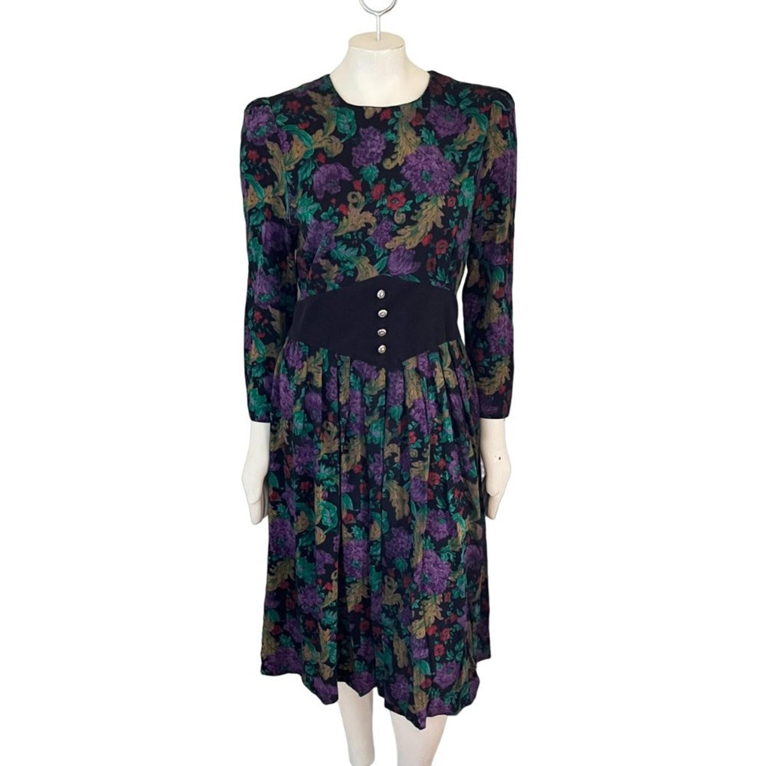 VTG 80s JESSICA HOWARD Moody Floral Long Sleeve Midi Dress WOMEN'S MEDIUM PETITE