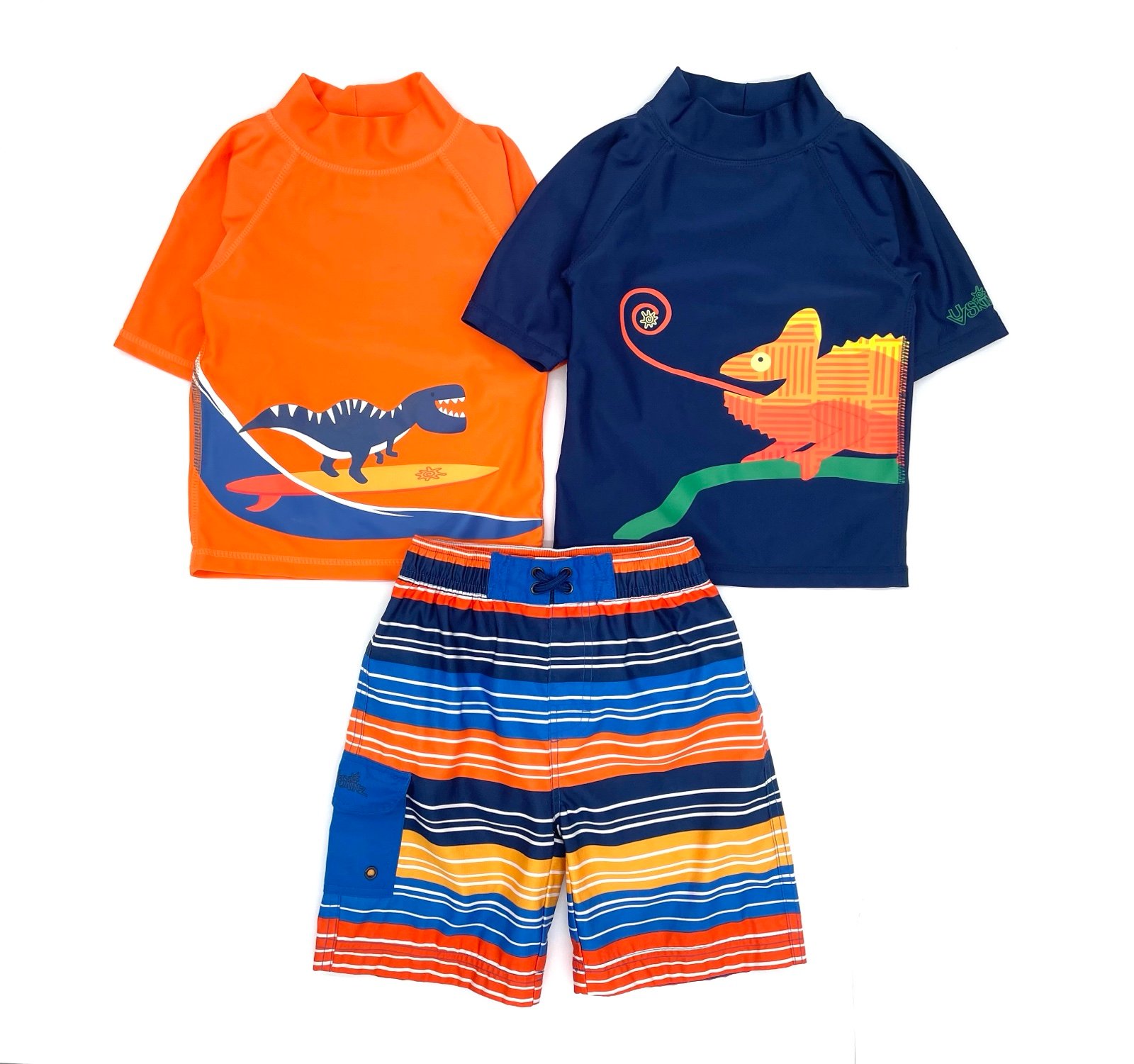 VGUC UV Skinz Dino & Lizard Swim Shirts & Striped Shorts in Navy Blue & Orange 6