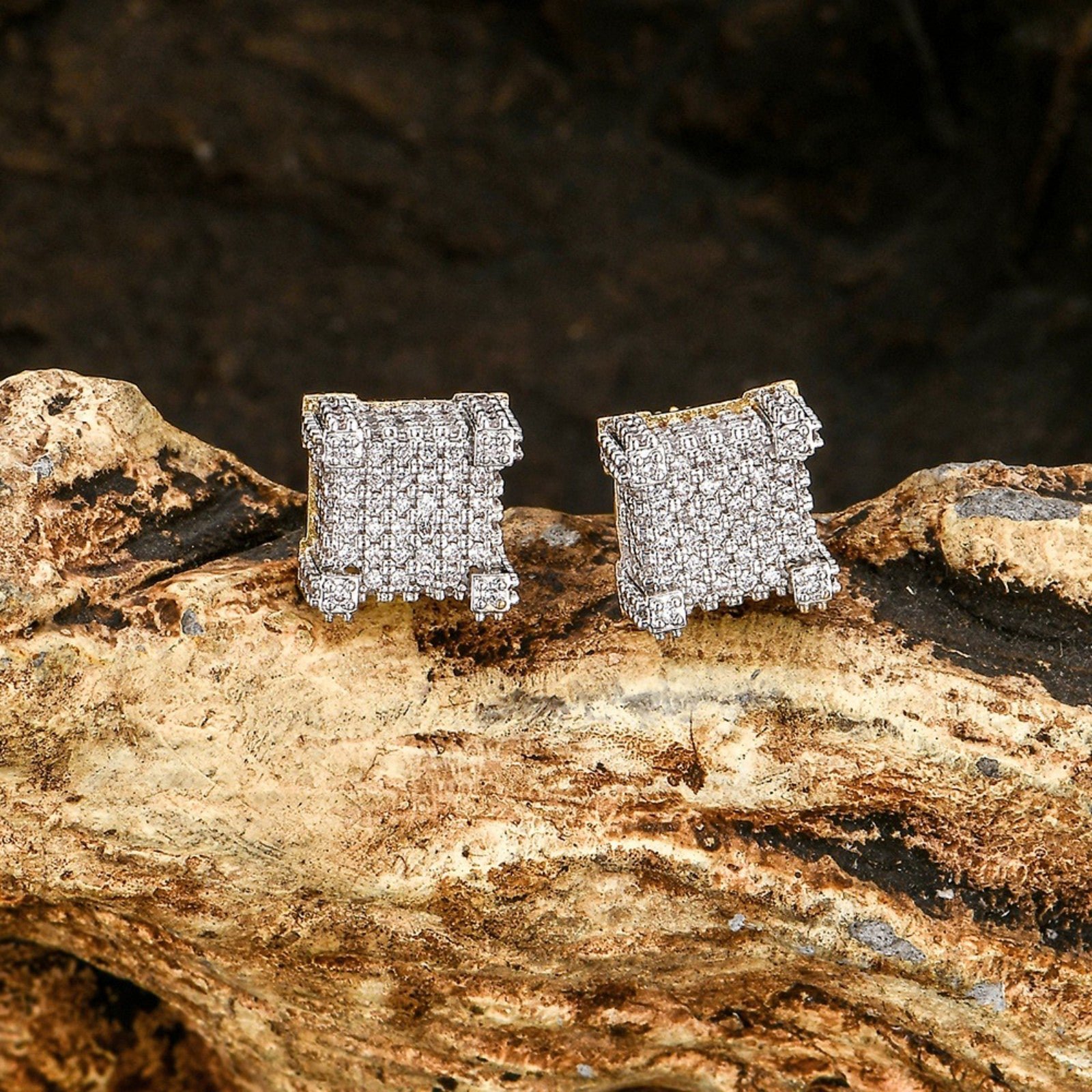14K Gold Stud Earrings Full Iced Out Micro Paved Diamonds Screw backs Geometric