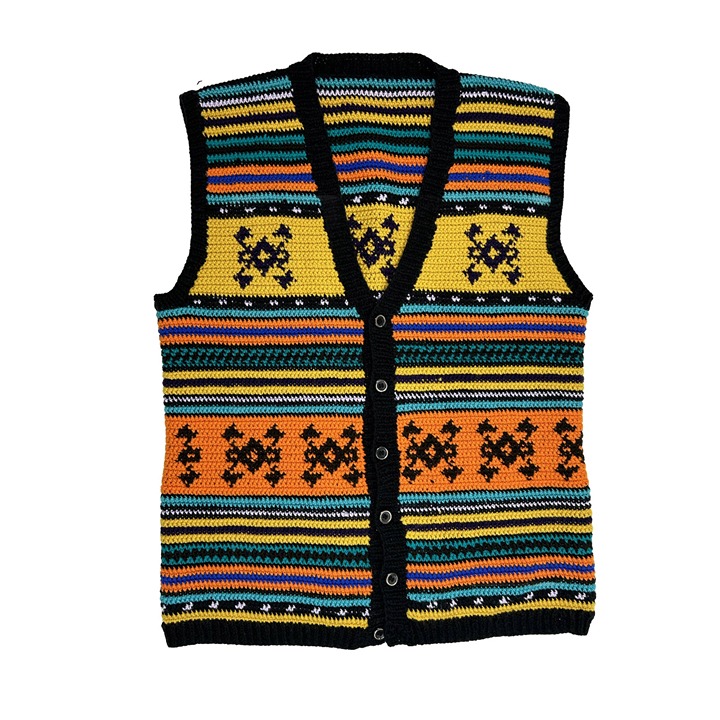 Vintage 90s Womens XL Hand Knit Crochet Rainbow Color Block Sweater Vest