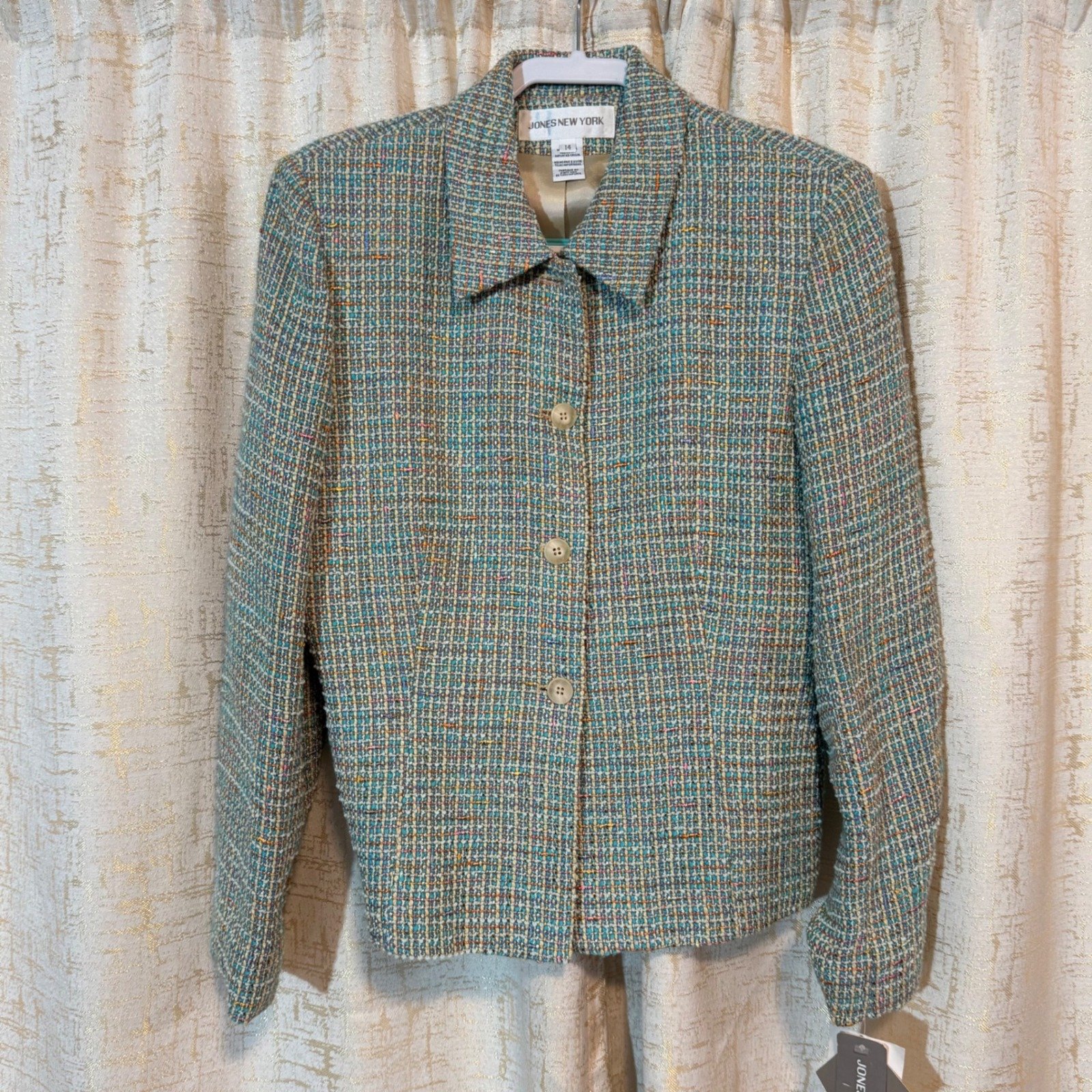 NWT Jones New York Women's 14 Teal Multicolor Button Up Tweed Jacket MSRP 229