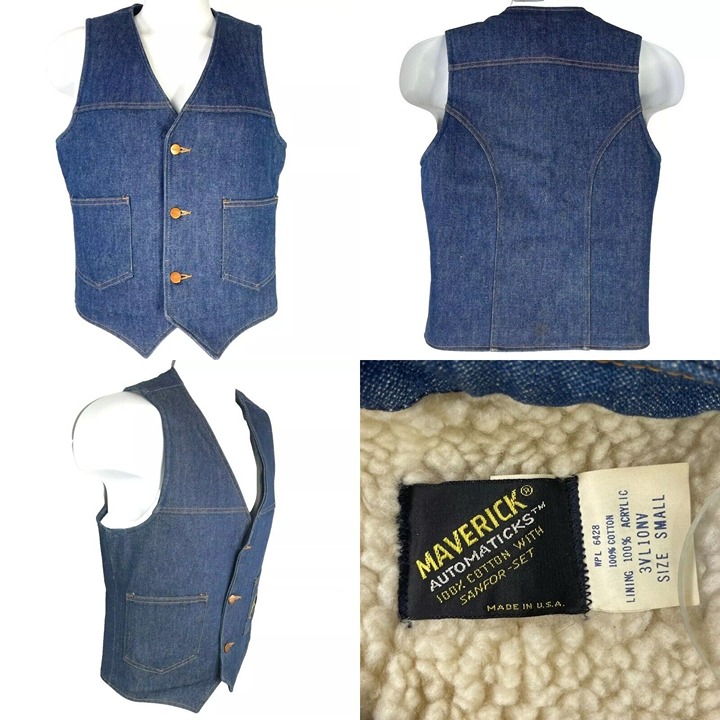 Maverick Automaticks Vtg Indigo Denim Jean S Vest size Small Biker Fleece USA