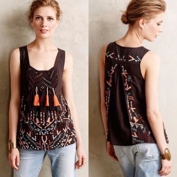 Akemi + Kin Rigmarole Sleeveless Top Fringe Embroidered Size Large