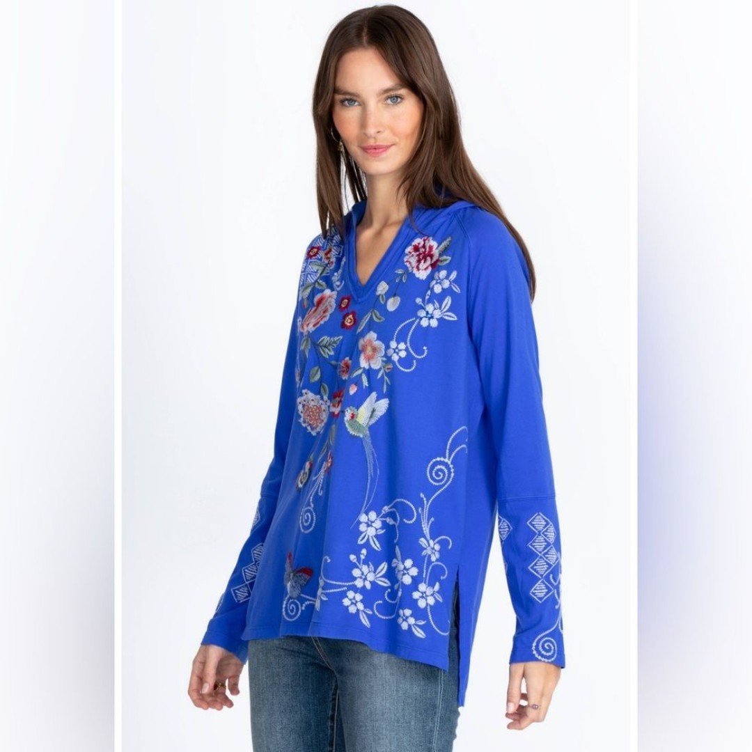 Johnny Was Jailyn Beach Hoodie Blue Embroidered Floral size small