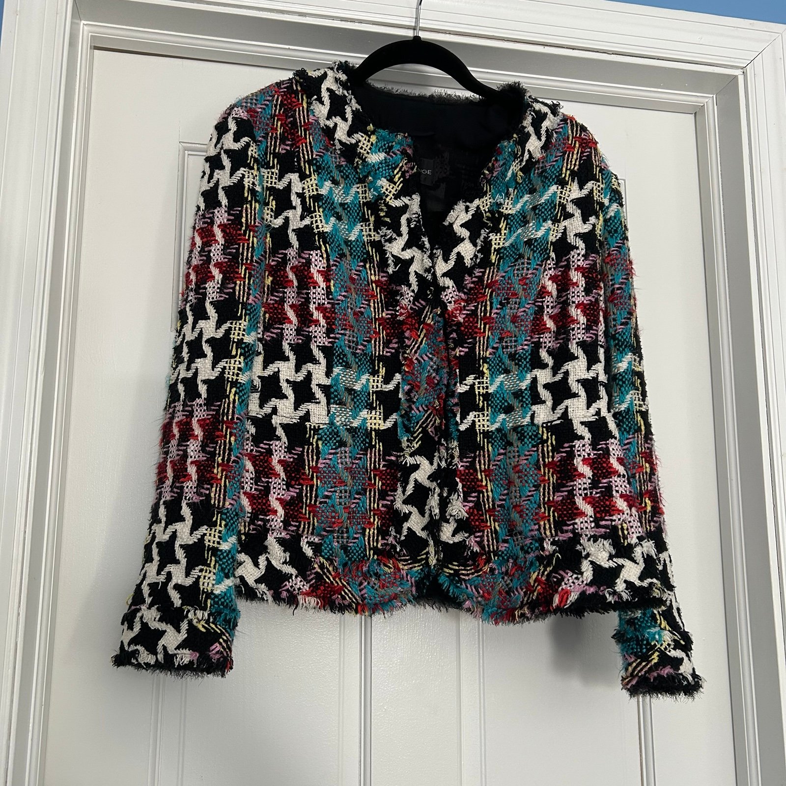 Rena Lange women’s 14 EU 44 multicolored tweed fringe blazer jacket cotton silk