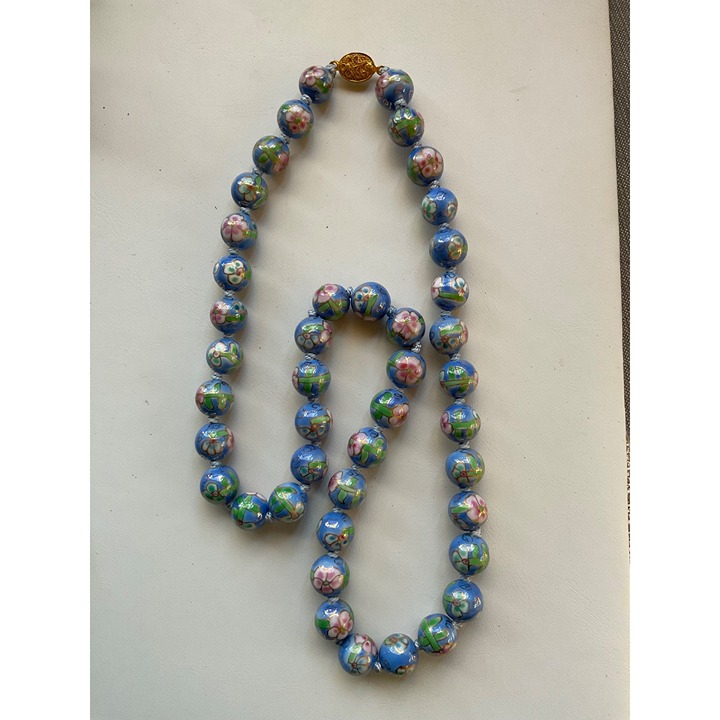 Chinese Blue & Pink Floral Porcelain Cloisonné Style Necklace 24