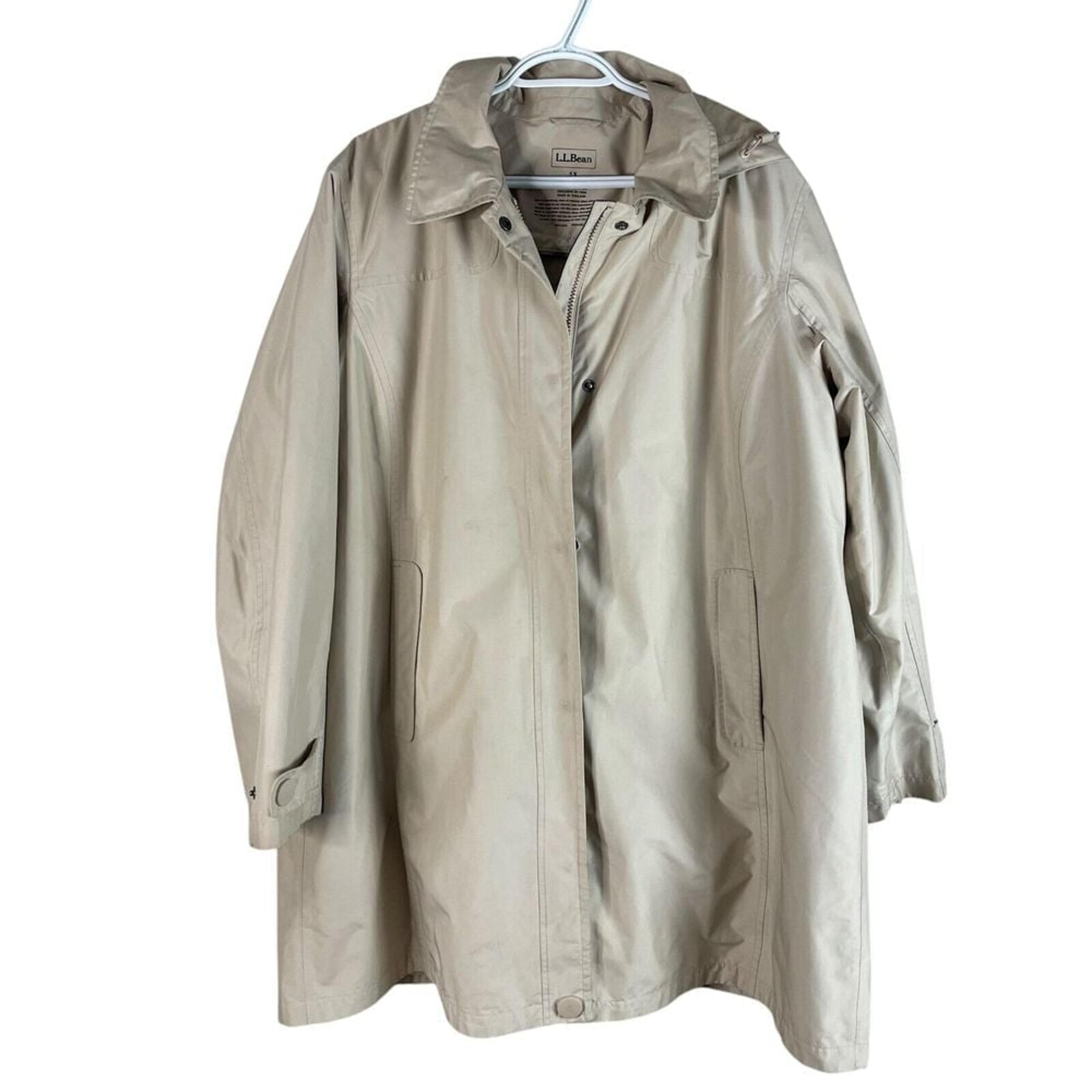 LL Bean Womens Hooded Wool Lined Trench Coat 1X Beige Full Zip Snap Waterproof