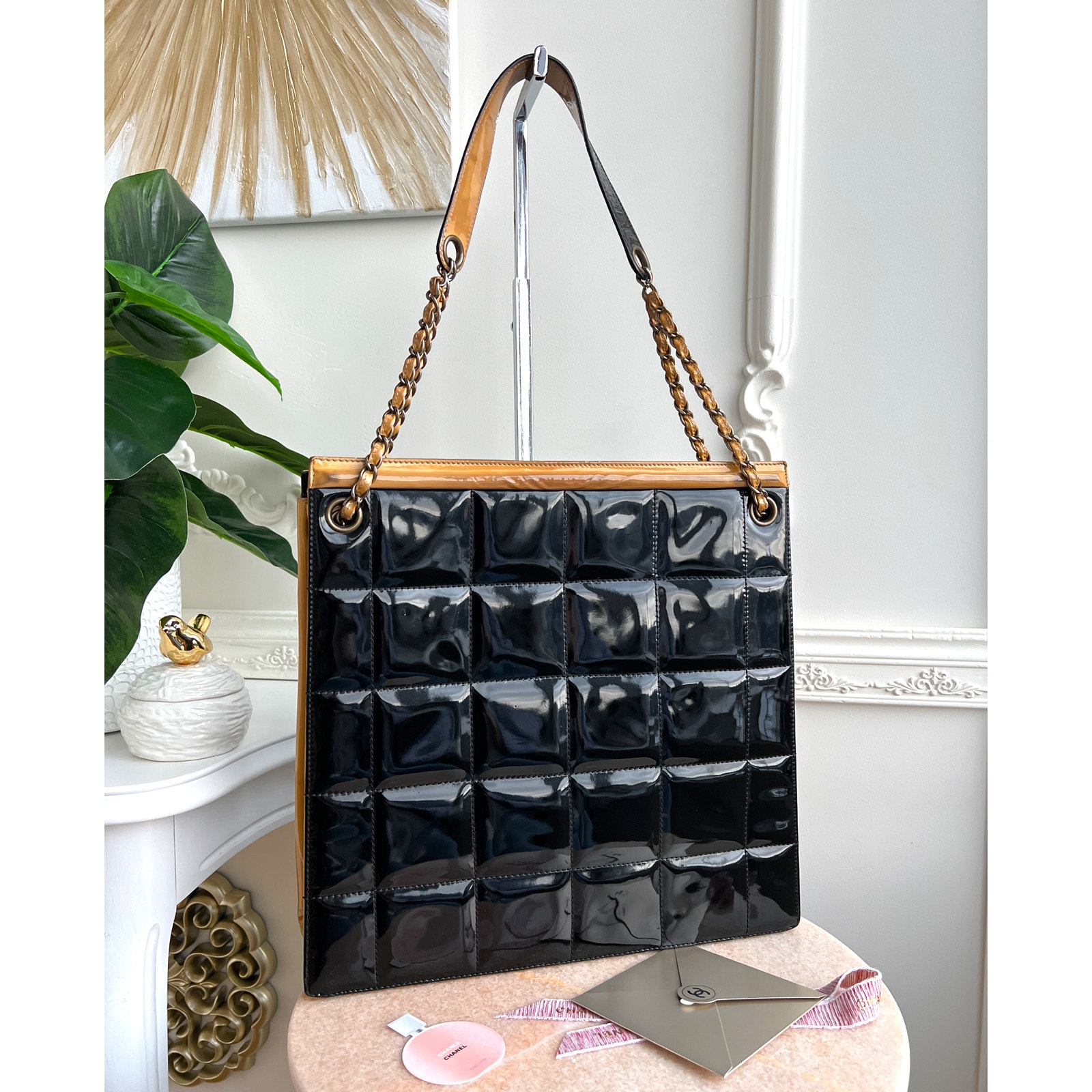 Authentic Chanel Parent Beige Black Leather Quilted Large Shoulder Bag B0796