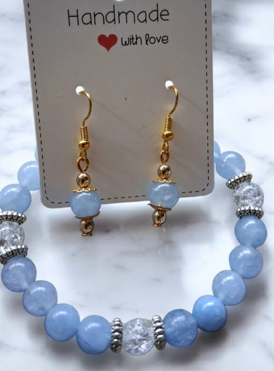 Natural Baby Blue Chalcedony w/ Cracked Glass Beads and matching Earring Set.