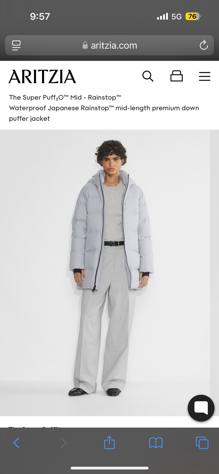 aritzia super puff2o mid rain stop marble gray size M