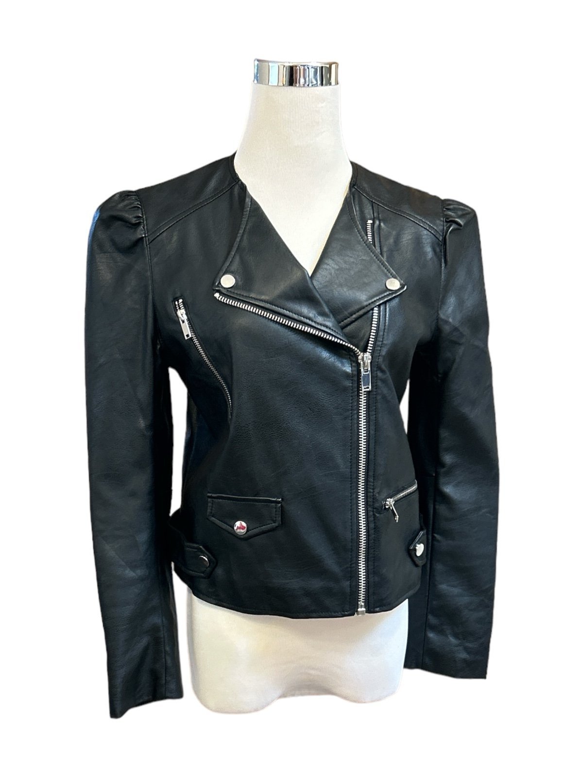 Mango Leather-Effect Black Jacket Women's Small Asymetric Zip Moto Biker