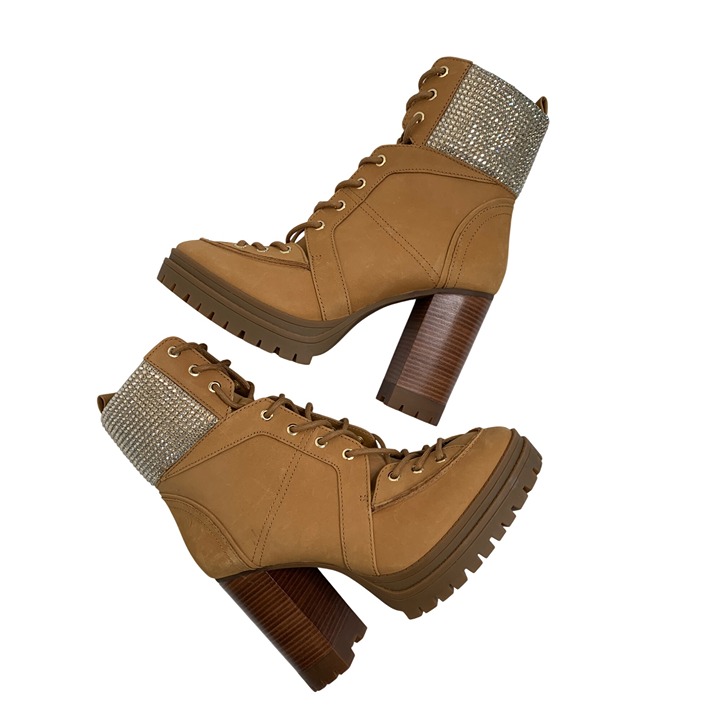 8.5 Michael Kors Yvonne Tan Lace-Up Heeled Boots Crystal Ankles Zip Nubuck
