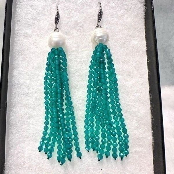 NWT Rarities Cultured Pearls Brazilian Emerald Pave Diamonds Tassel Earrings