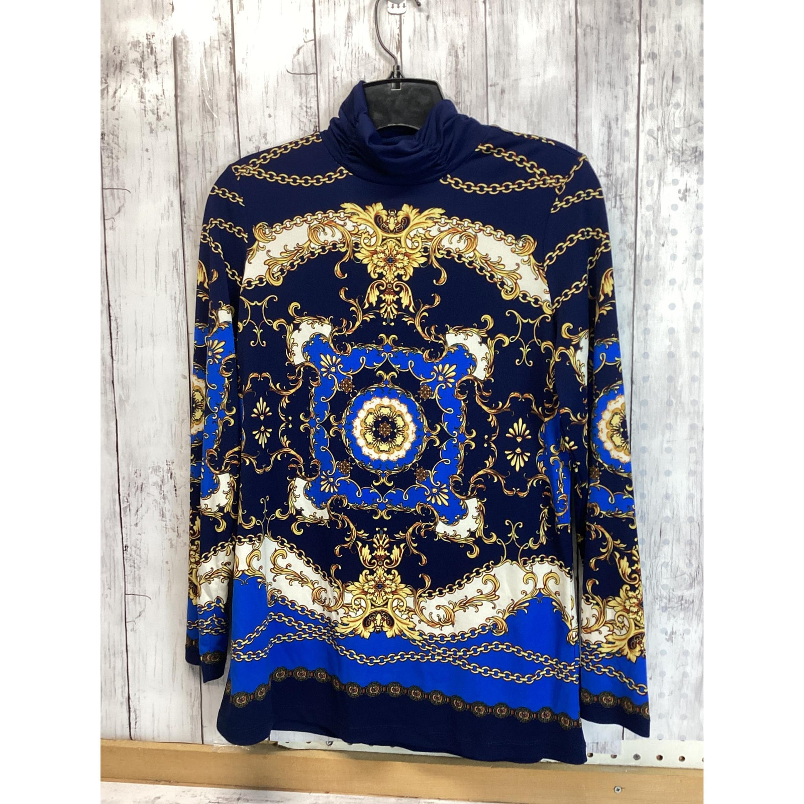 SUSAN GRAVER Heraldry Print 'Liquid Knit Ruched Turtleneck' - XXS Navy Gold