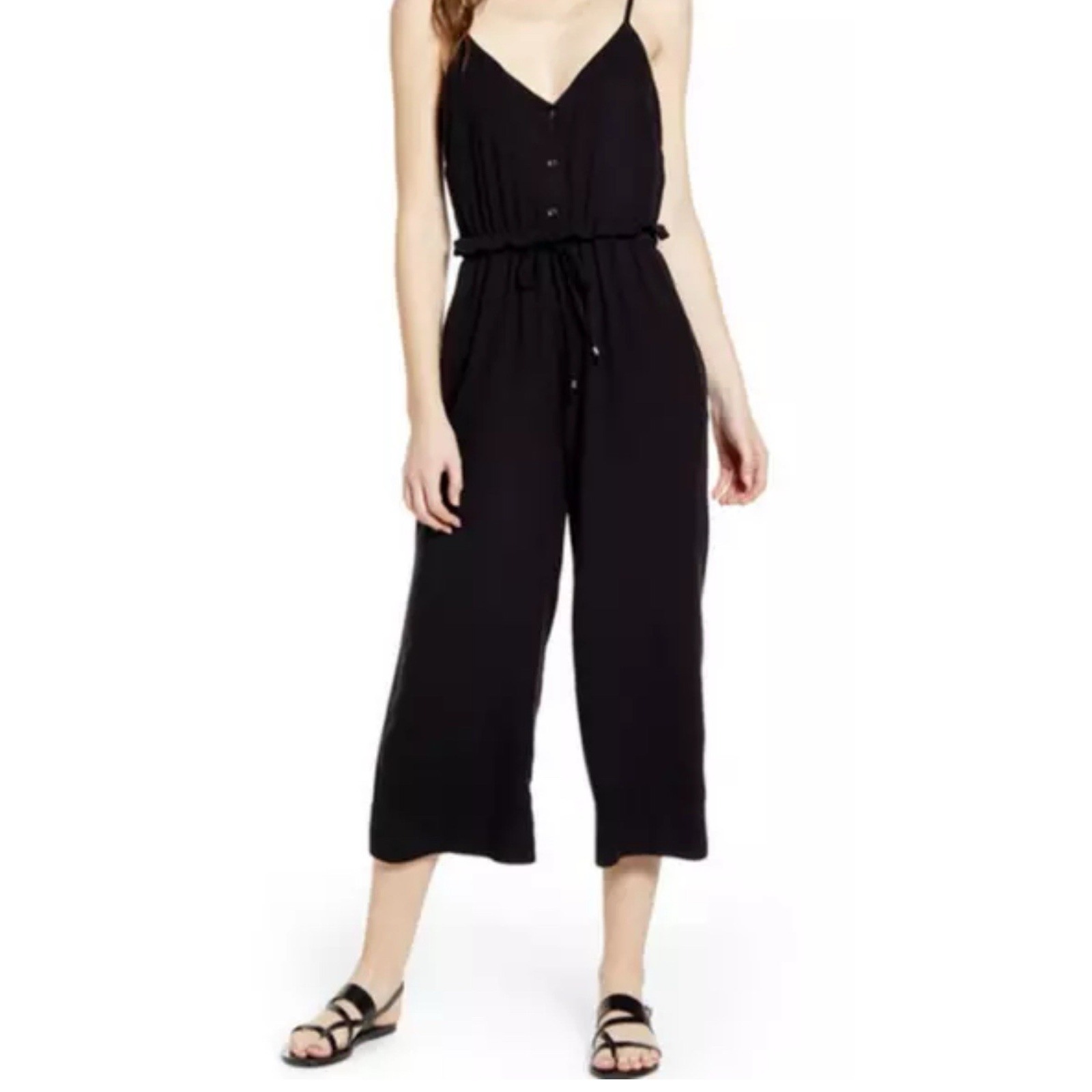 Splendid Wide Leg Crop Jumpsuit Womens Large Black Sleeveless Boho Travel Flowy
