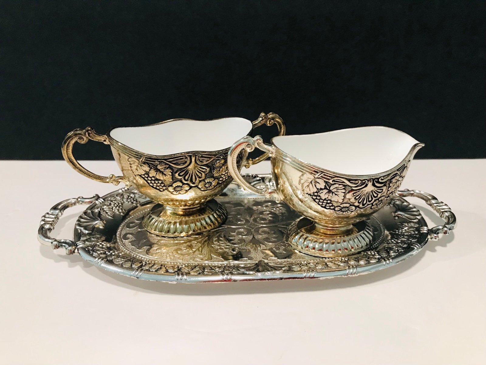 Vintage EP ZINC Japanese Silverplated & Enamel Creamer Sugar Bowl 3 Pieces Set,