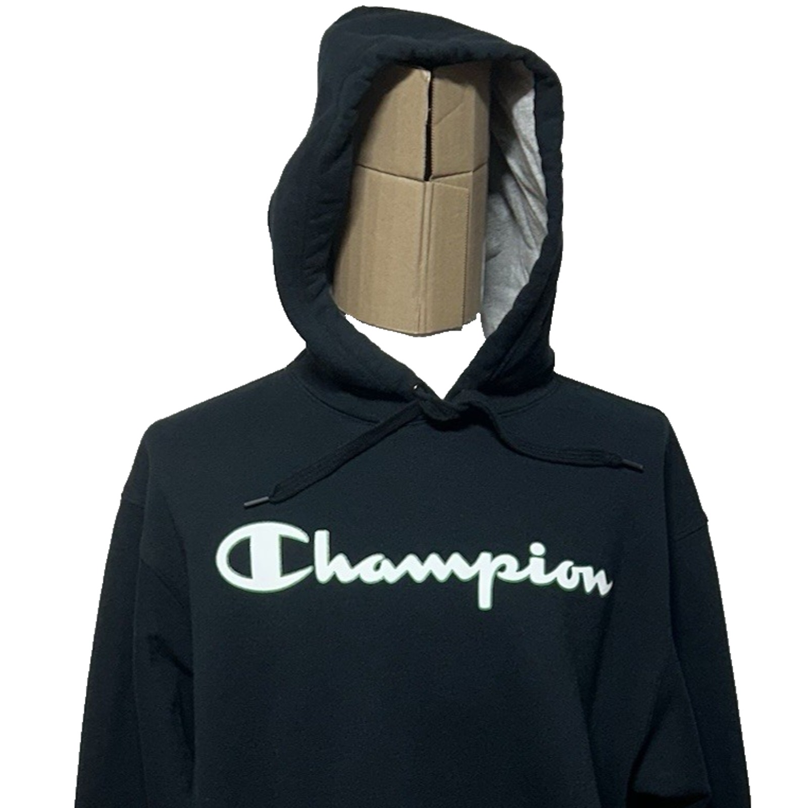 Champion Hoodie Mens Large Black Eco Authentic Pullover Logo Spellout Sweatshirt