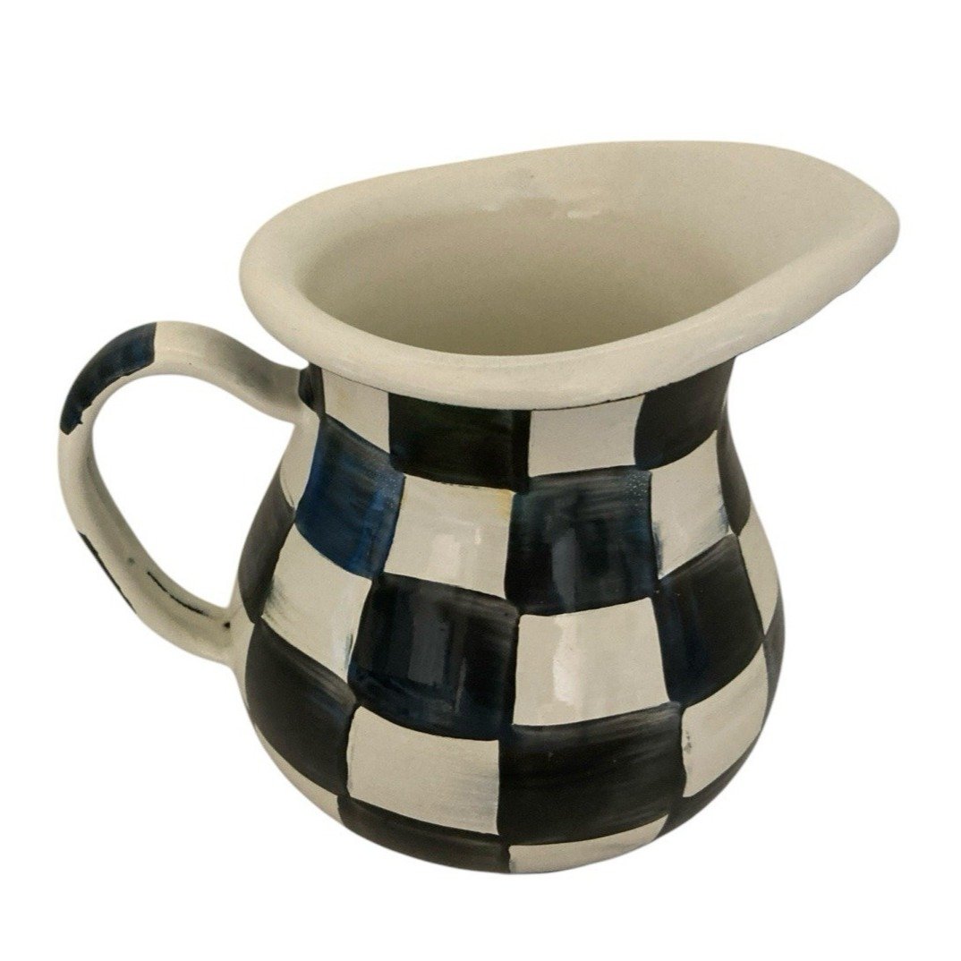 2 Cups MacKenzie Childs Courtly Check Black and White Enamel Pitcher Small