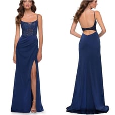 La Femme 29888 Scoop Laced A-Line Satin Embellished Evening Gown Navy Blue 4 NWT