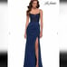 La Femme 29888 Scoop Laced A-Line Satin Embellished Evening Gown Navy Blue 4 NWT