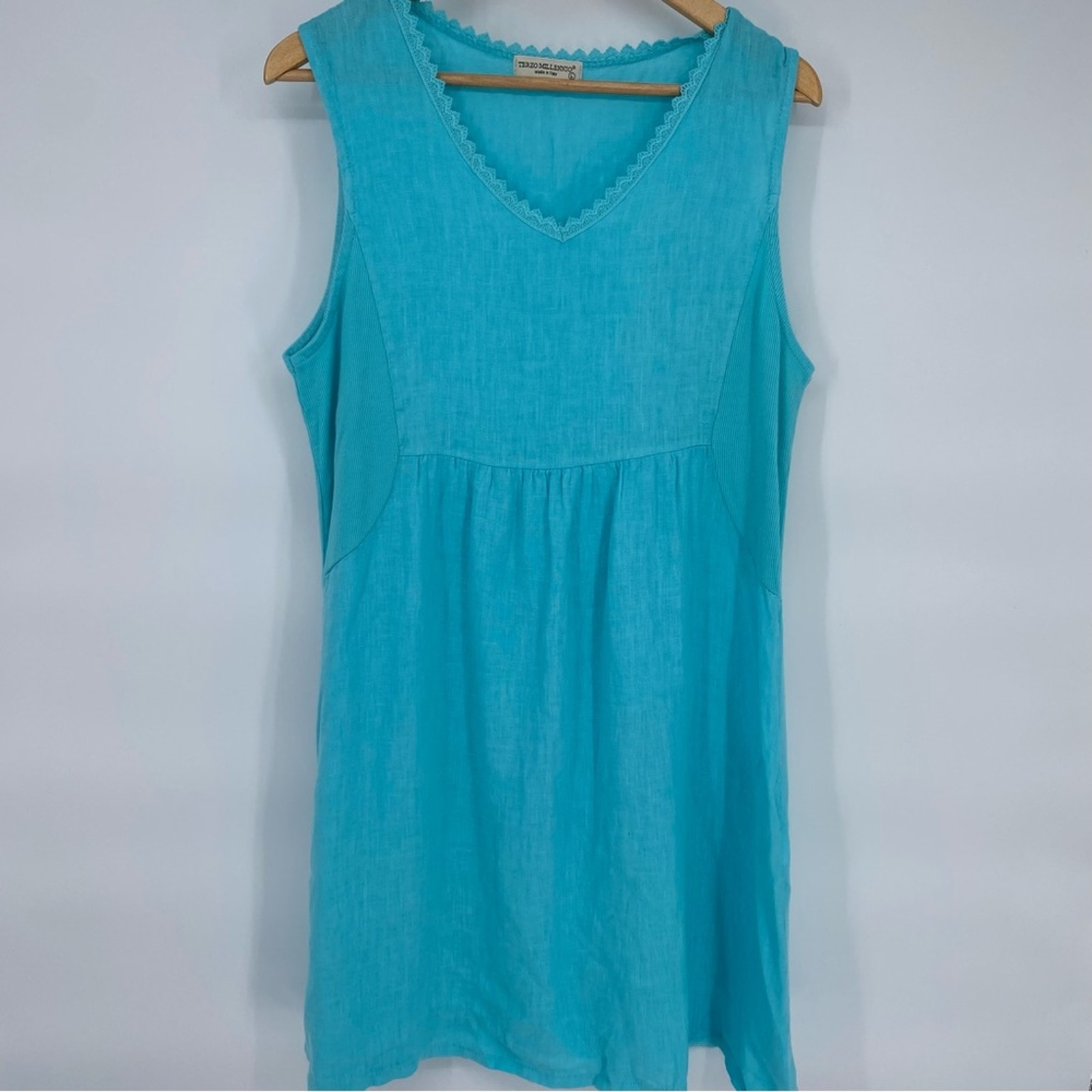 Terzo Millennio Dress Linen Made In Italy Midi Teal Knit Side Panels Large