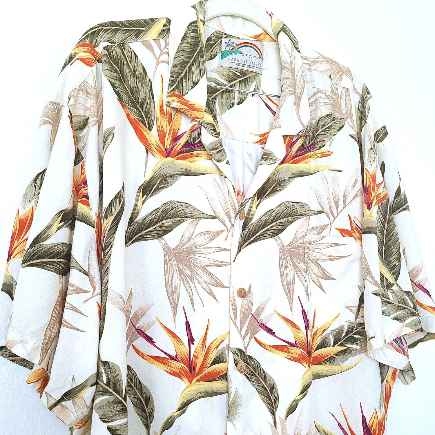 Paradise Found Hawaiian Aloha Shirt Mens 2XL Tropical Plants Ivory Made in USA