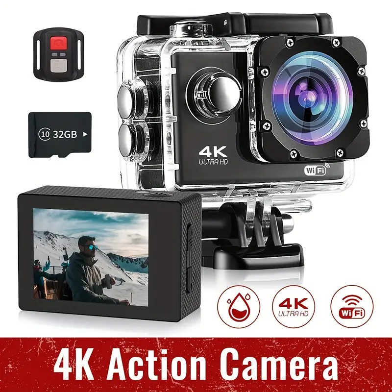4K Ultra HD Action Cam Shockproof, Wireless Remote, 170° Wide Angle, Stabilizer
