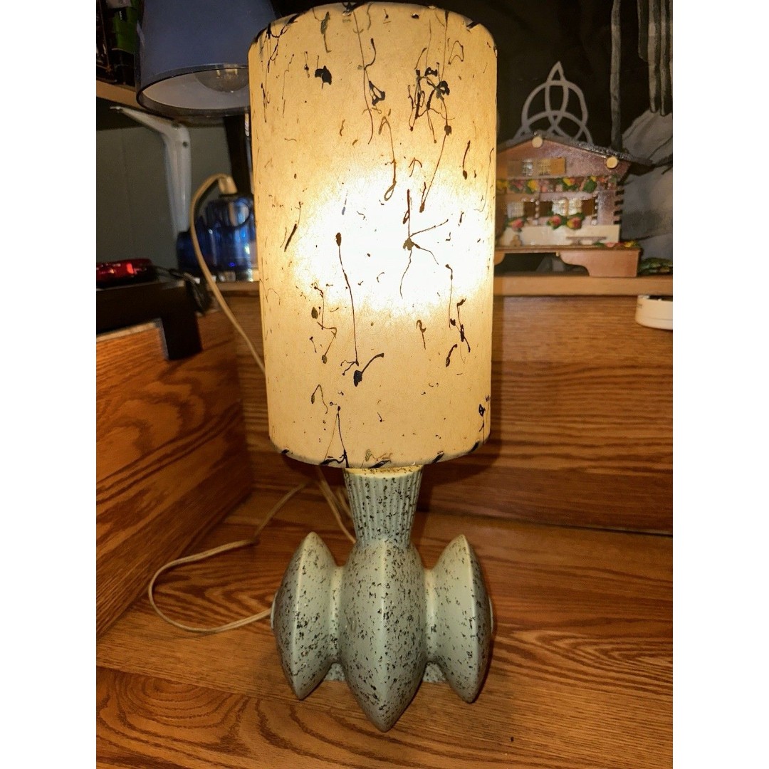 Vintage MCM Atomic Green Splatter Glazed Ceramic Bedside Lamp w/ Shade RARE HTF