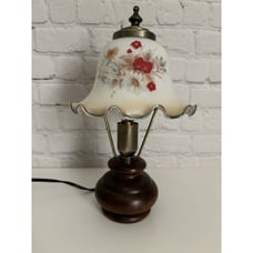 Vintage Small Wood Base Lamp Ruffled Glass Shade Hand Painted Brass Hardware